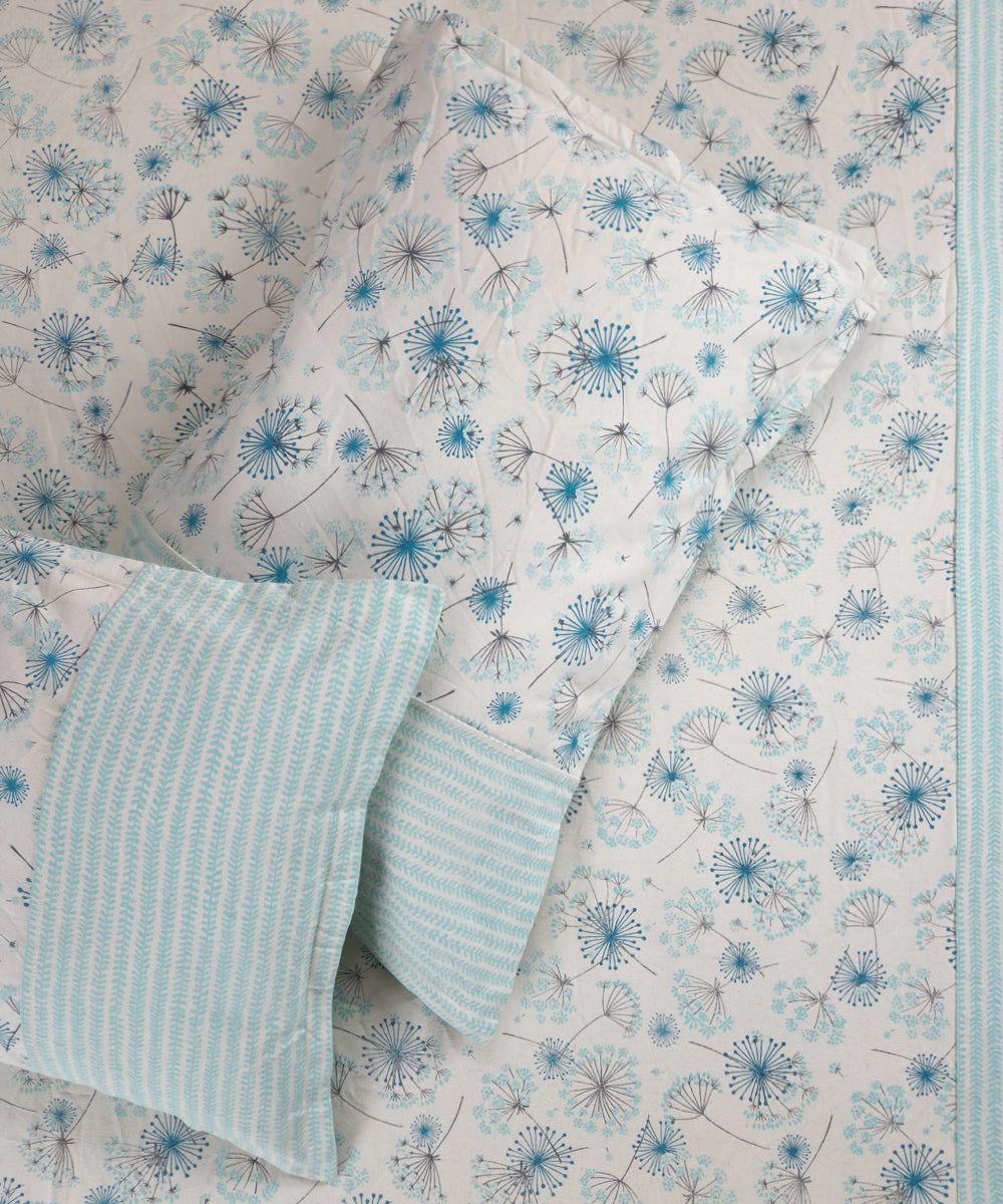 Sky Blue Printed & Stripes Cotton Bedcover with 2 Pillow Covers