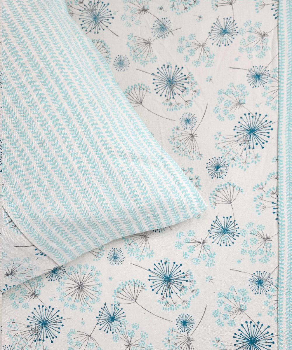 Sky Blue Printed & Stripes Cotton Bedcover with 2 Pillow Covers