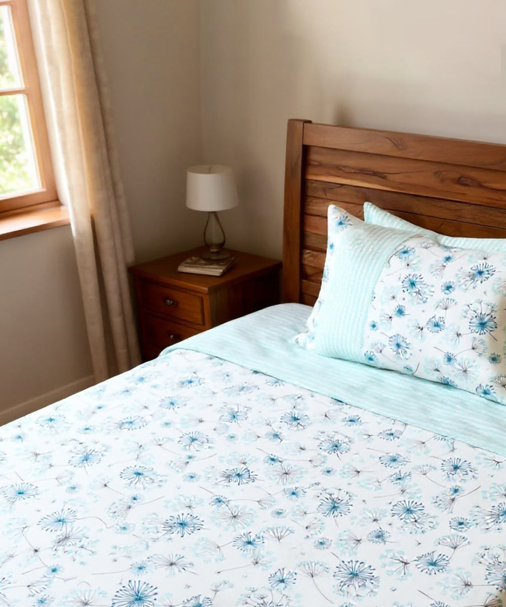 Sky Blue Printed & Stripes Cotton Bedcover with 2 Pillow Covers