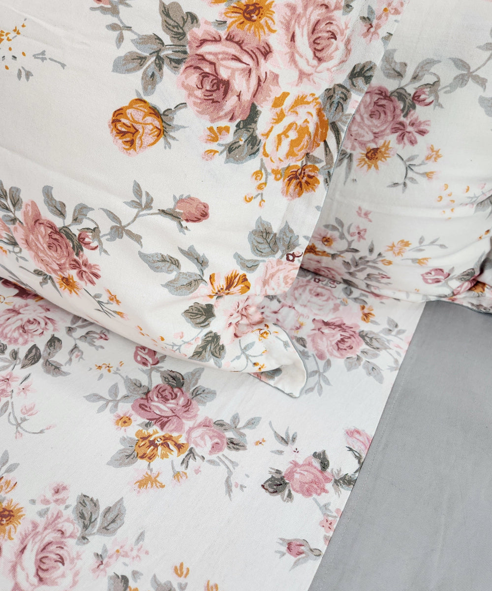 Pastel Pink & Grey Floral Printed Thick Cotton Bedcover with 2 Pillow Cases