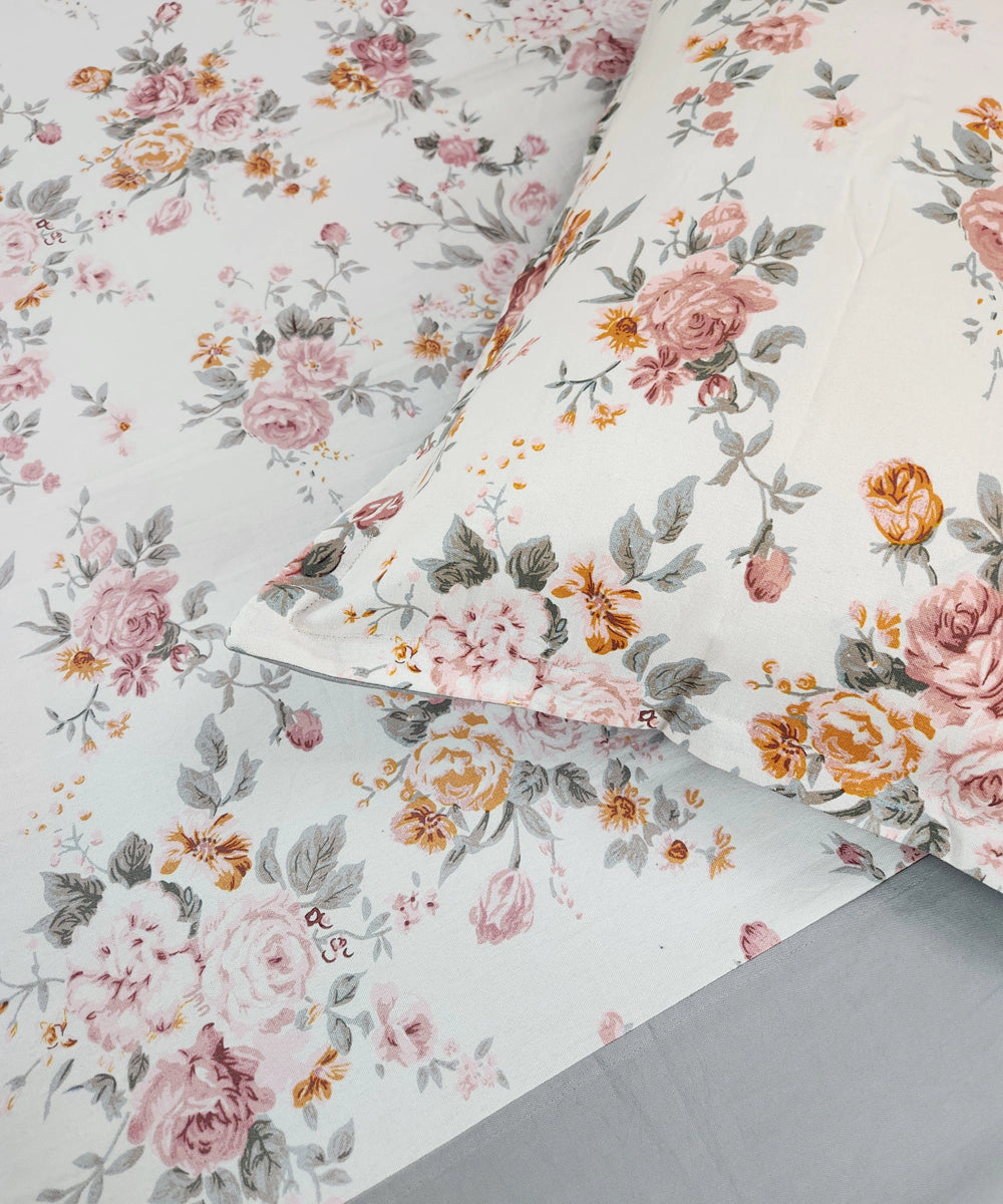 Pastel Pink & Grey Floral Printed Thick Cotton Bedcover with 2 Pillow Cases