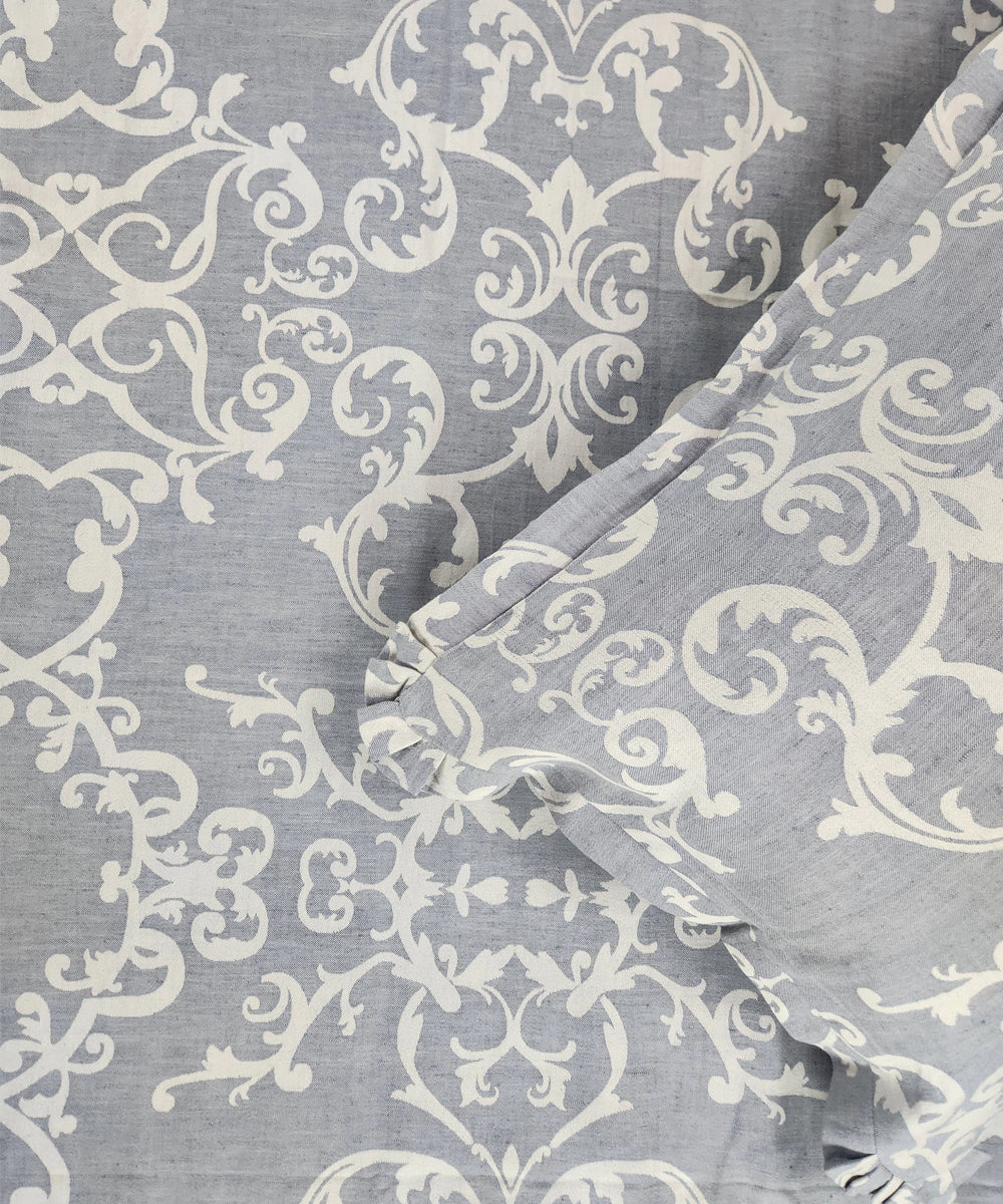 Medium Blue & White Floral Woven Cotton Bedcover with 2 Pillow Cases