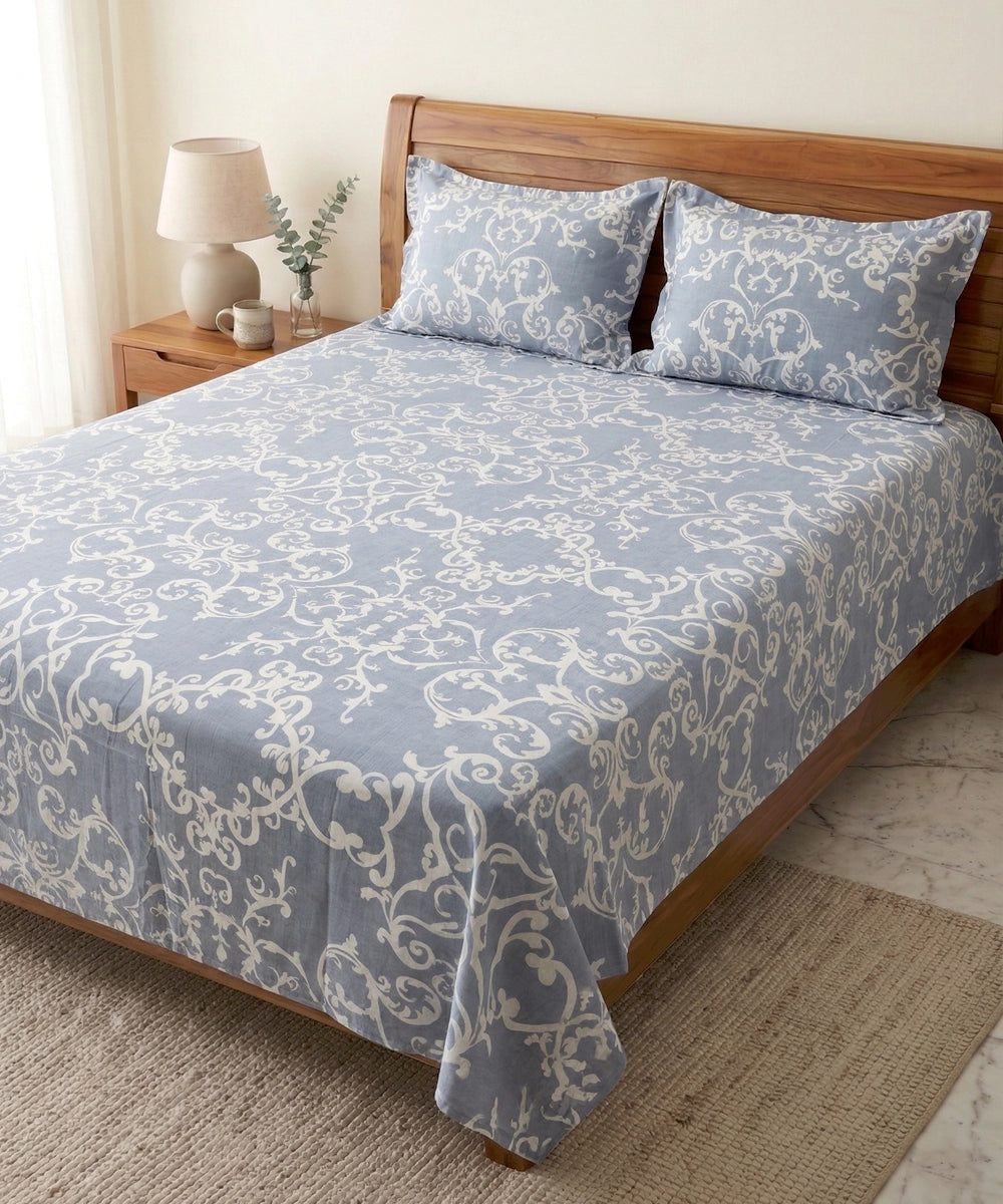Medium Blue & White Floral Woven Cotton Bedcover with 2 Pillow Cases