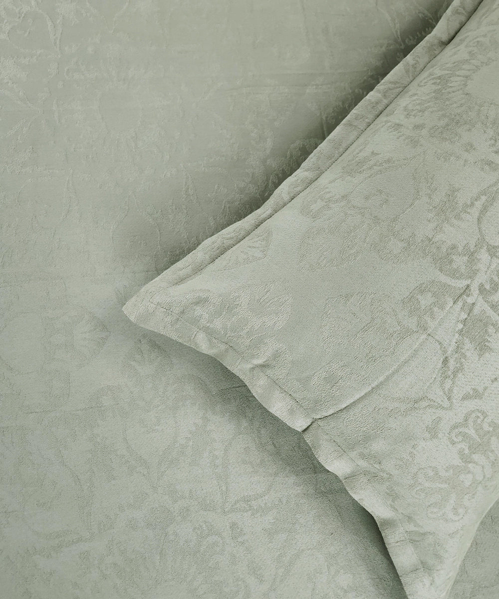 Sage Green Self Floral Woven Cotton Bedcover with 2 Pillow Cases