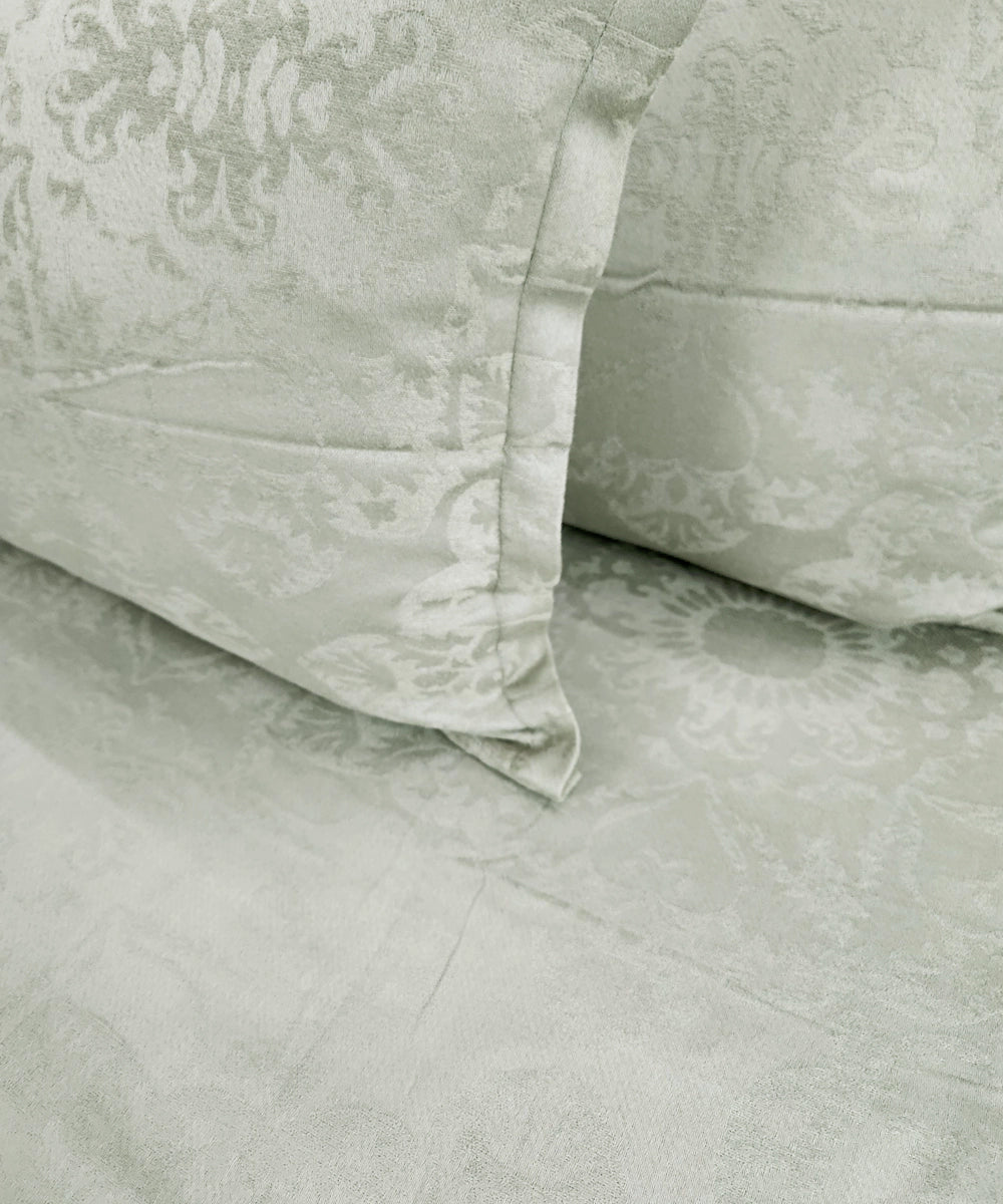 Sage Green Self Floral Woven Cotton Bedcover with 2 Pillow Cases