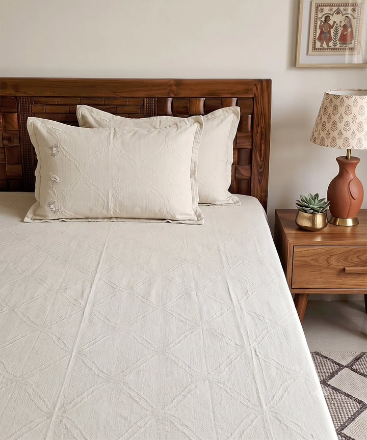 Beige Jacquard Cotton Bedcover with 2 pcs Embroidered Pillow Covers