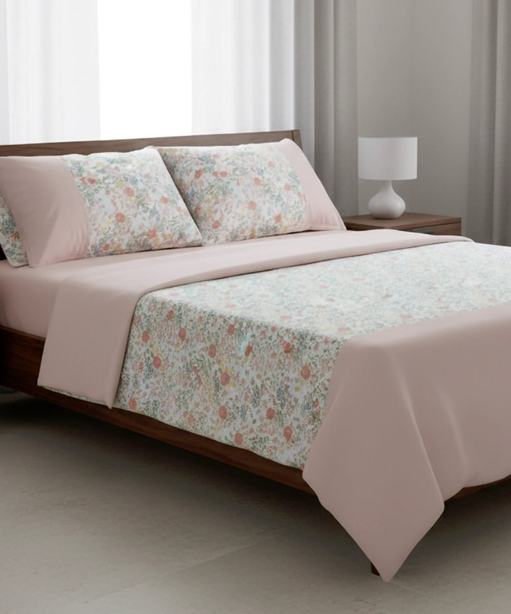 Off White & Peach Floral Printed Cotton Bedcover with 2 Pillow Cases
