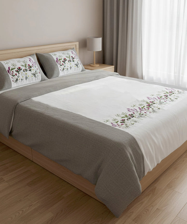 Ivory & Grey Hand Embroidered Cotton King Bedcover Set