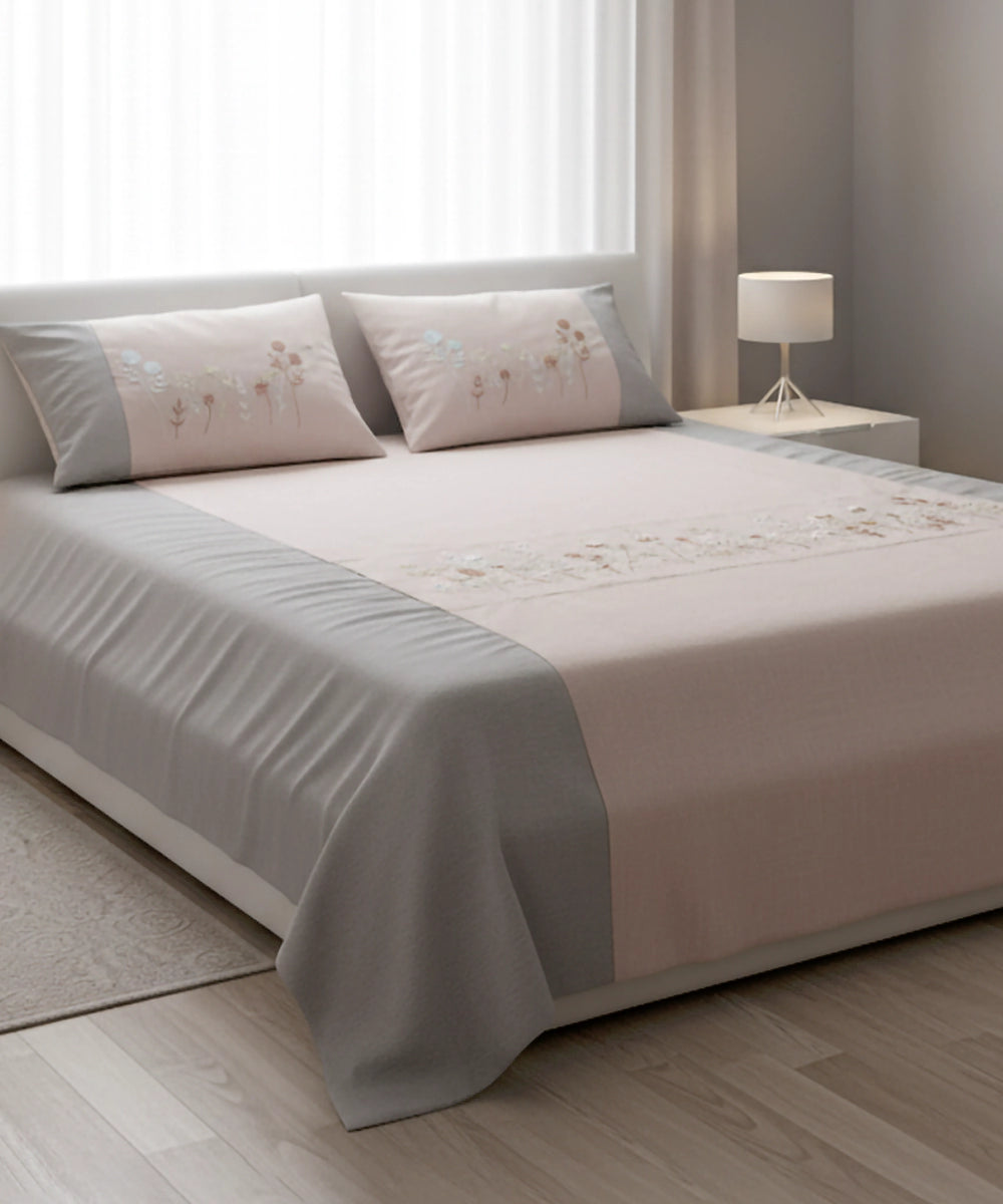 Light Coral & Grey Hand Embroidered Cotton King Bedcover Set