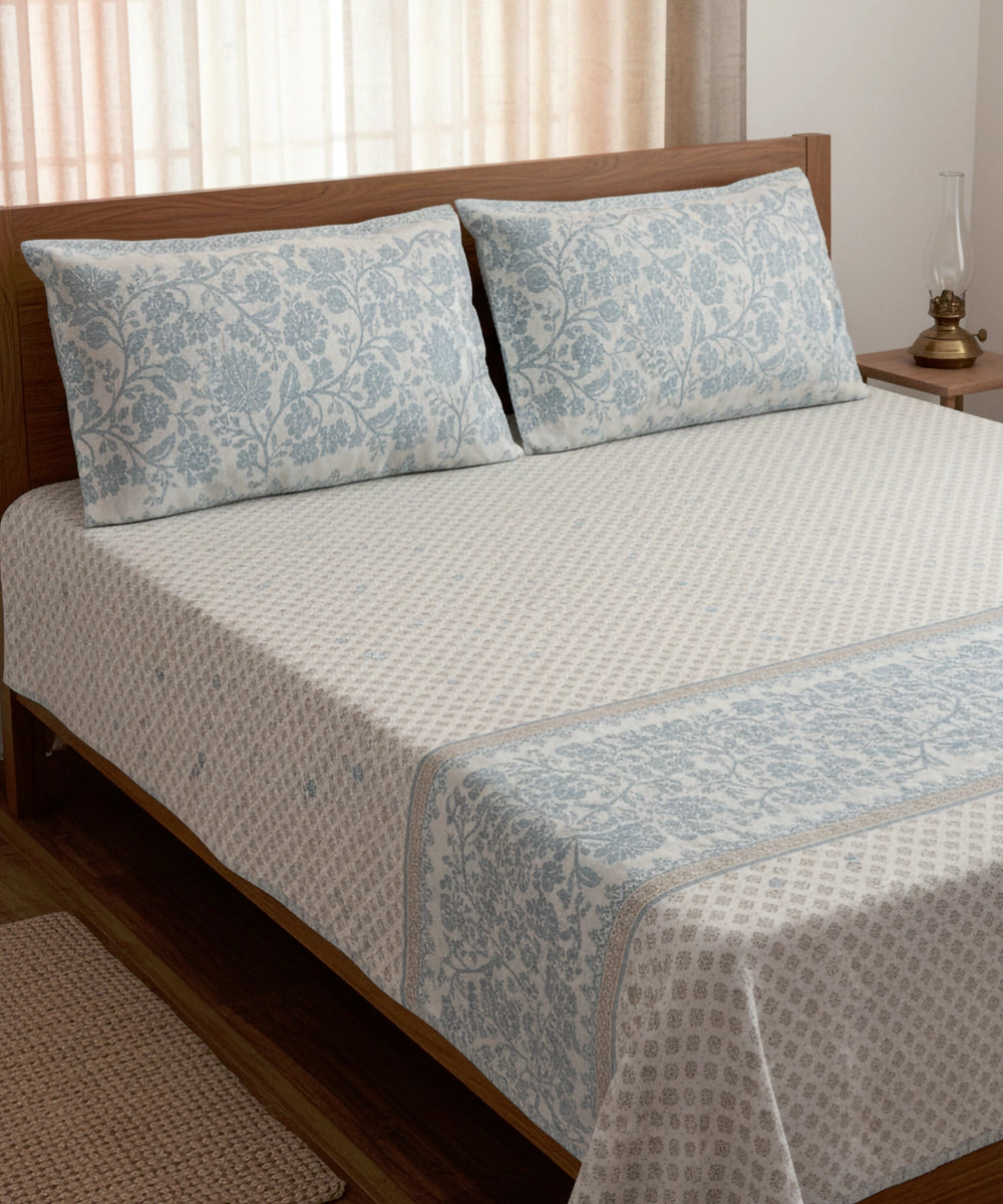 Off White & Light Blue Cotton Jacquard Queen Bedcover with 2 Pillow Covers