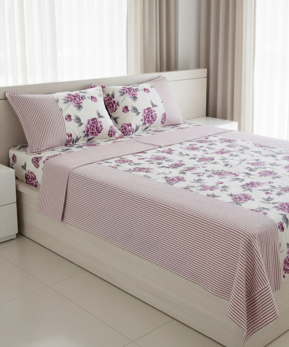 Off White & Maroon Printed & Stripes Cotton Bedcover with 2 Pillow Covers