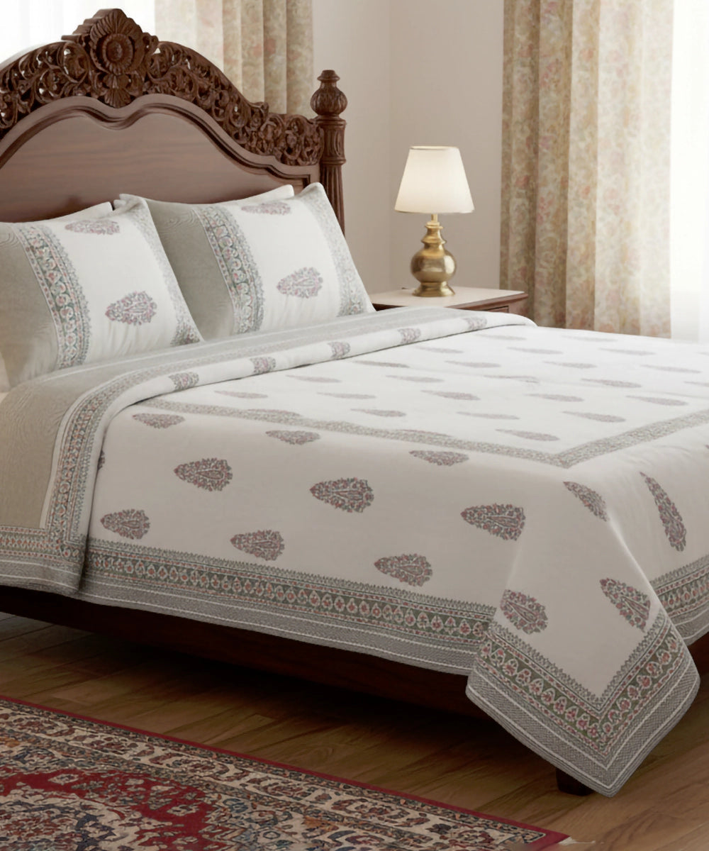 Light Nude Paisley Cotton Satin Block Printed King Bed Sheet With 2 Pillow Cover