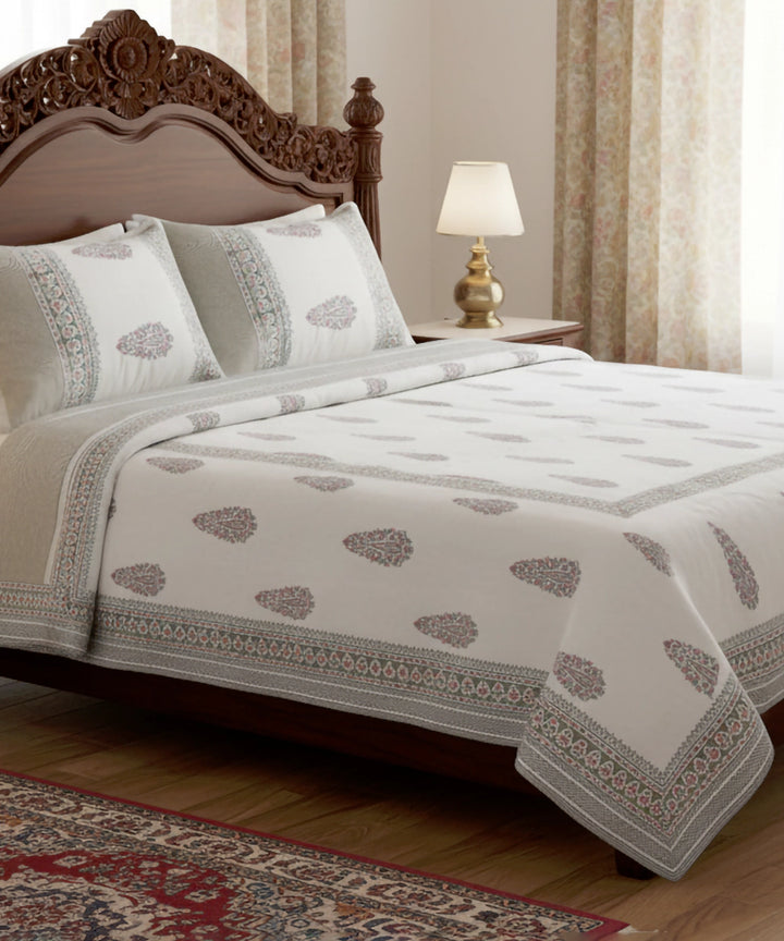 Light Nude Paisley Cotton Satin Block Printed King Bed Sheet With 2 Pillow Cover