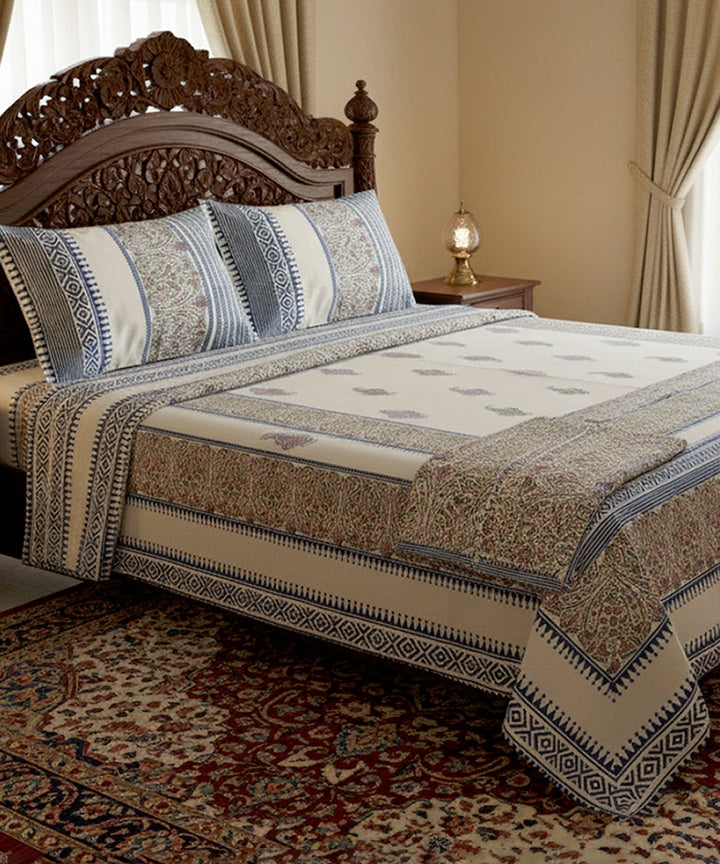 Light Beige Paisley Cotton Satin Block Printed King Bed Sheet With 2 Pillow Cover