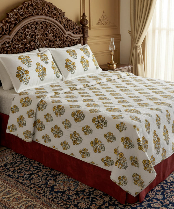 Off White with Yellow Floral Block Printed Matelassé Jacquard Cotton King Bedcover with 2 pillow covers