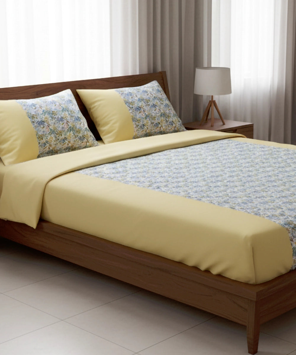 Off White & Yellow Floral Printed Cotton Bedcover with 2 Pillow Cases