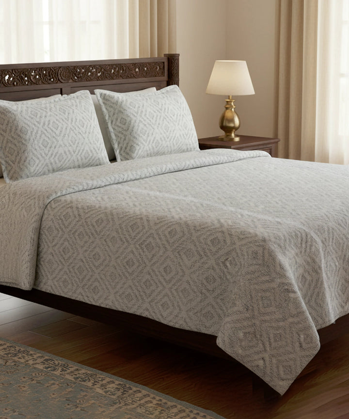 Off White & Grey Cotton Jacquard Lace King Bedcover with 2 Pillow Covers