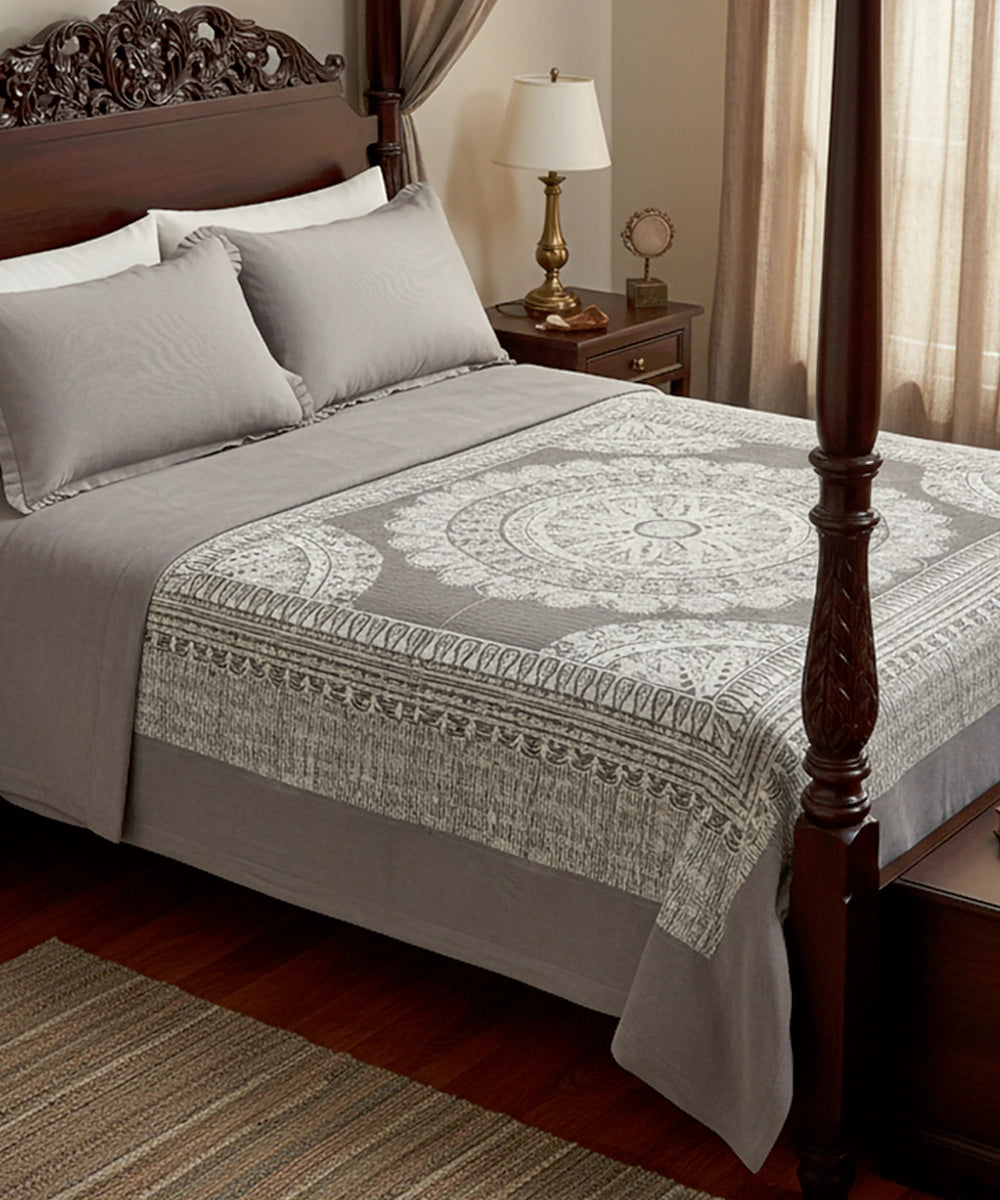 Taupe & Off White Floral Printed Cotton Bedcover with 2 Pillow Cases