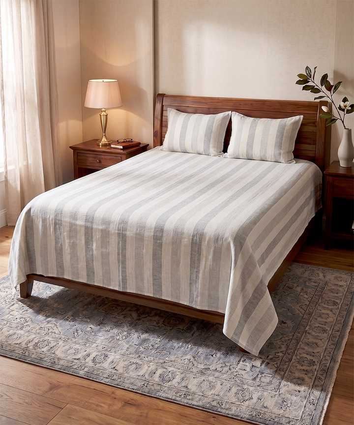Off White & Grey Stripe Cotton Linen Slub YD King Bedsheet with 2 Pillow Covers