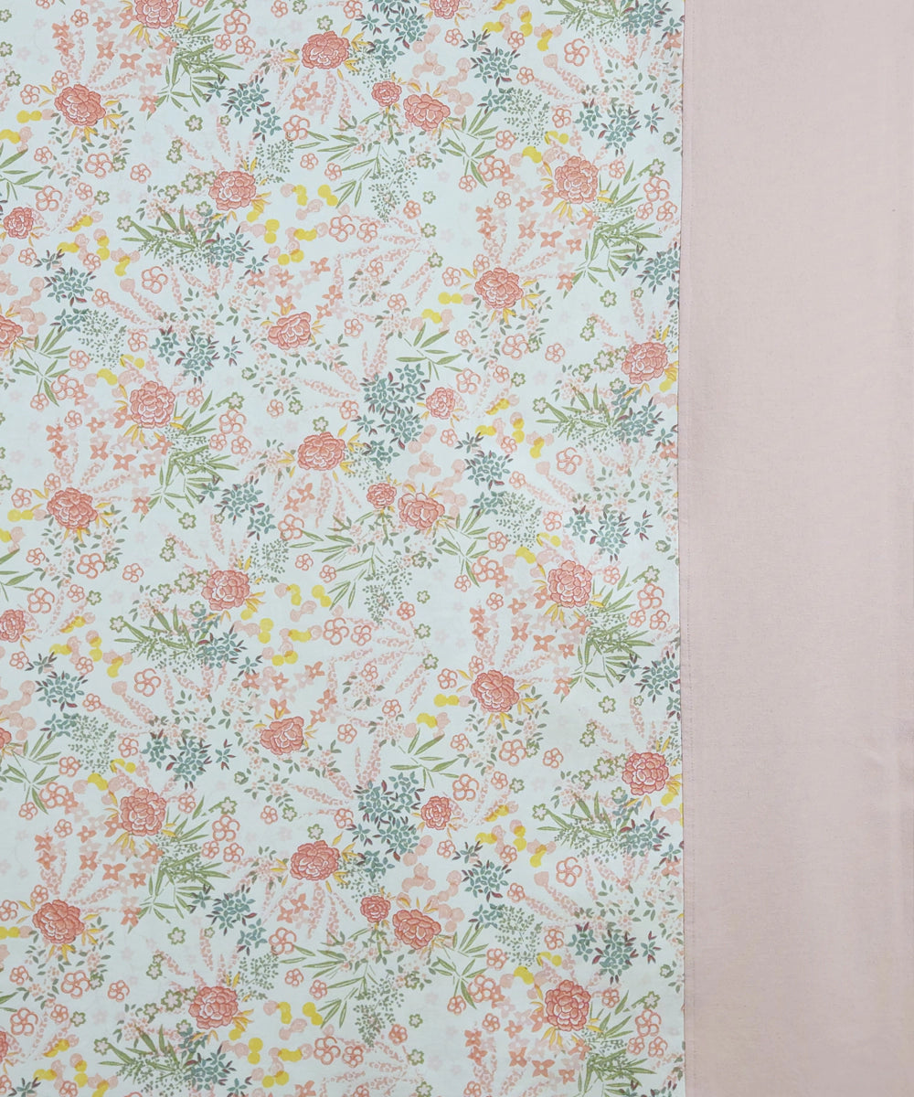 Off White & Peach Floral Printed Cotton Bedcover with 2 Pillow Cases