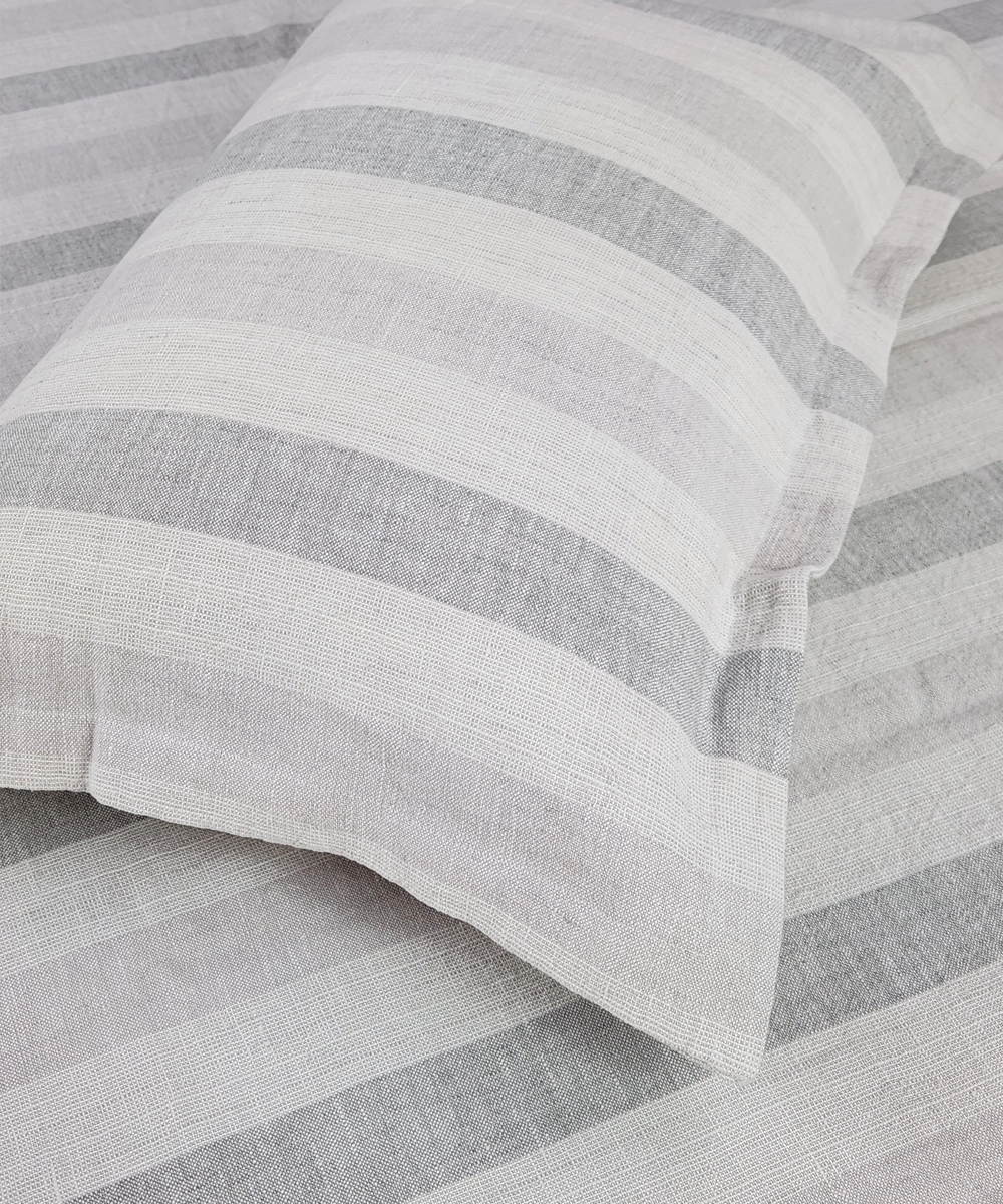 Off White & Grey Stripe Cotton Linen Slub YD King Bedsheet with 2 Pillow Covers