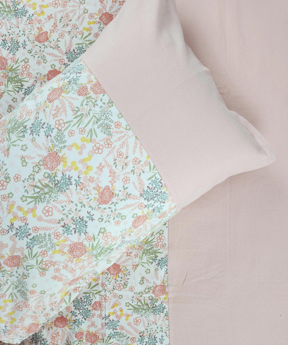 Off White & Peach Floral Printed Cotton Bedcover with 2 Pillow Cases