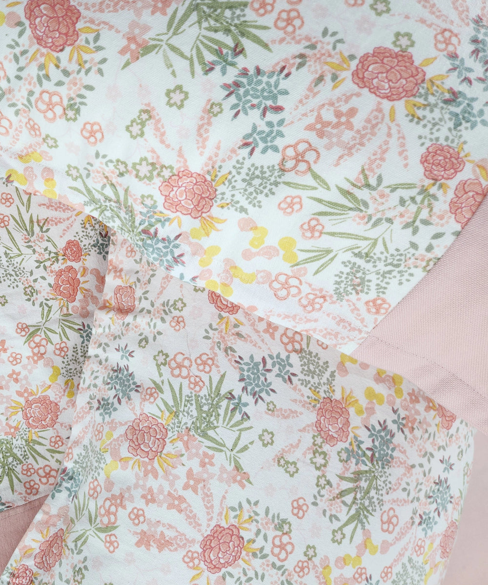 Off White & Peach Floral Printed Cotton Bedcover with 2 Pillow Cases