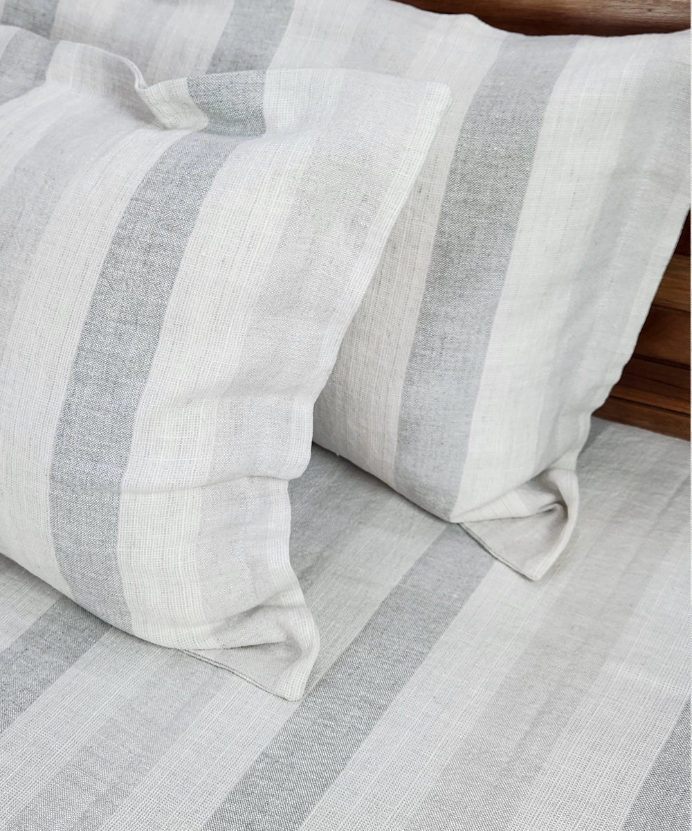 Off White & Grey Stripe Cotton Linen Slub YD King Bedsheet with 2 Pillow Covers