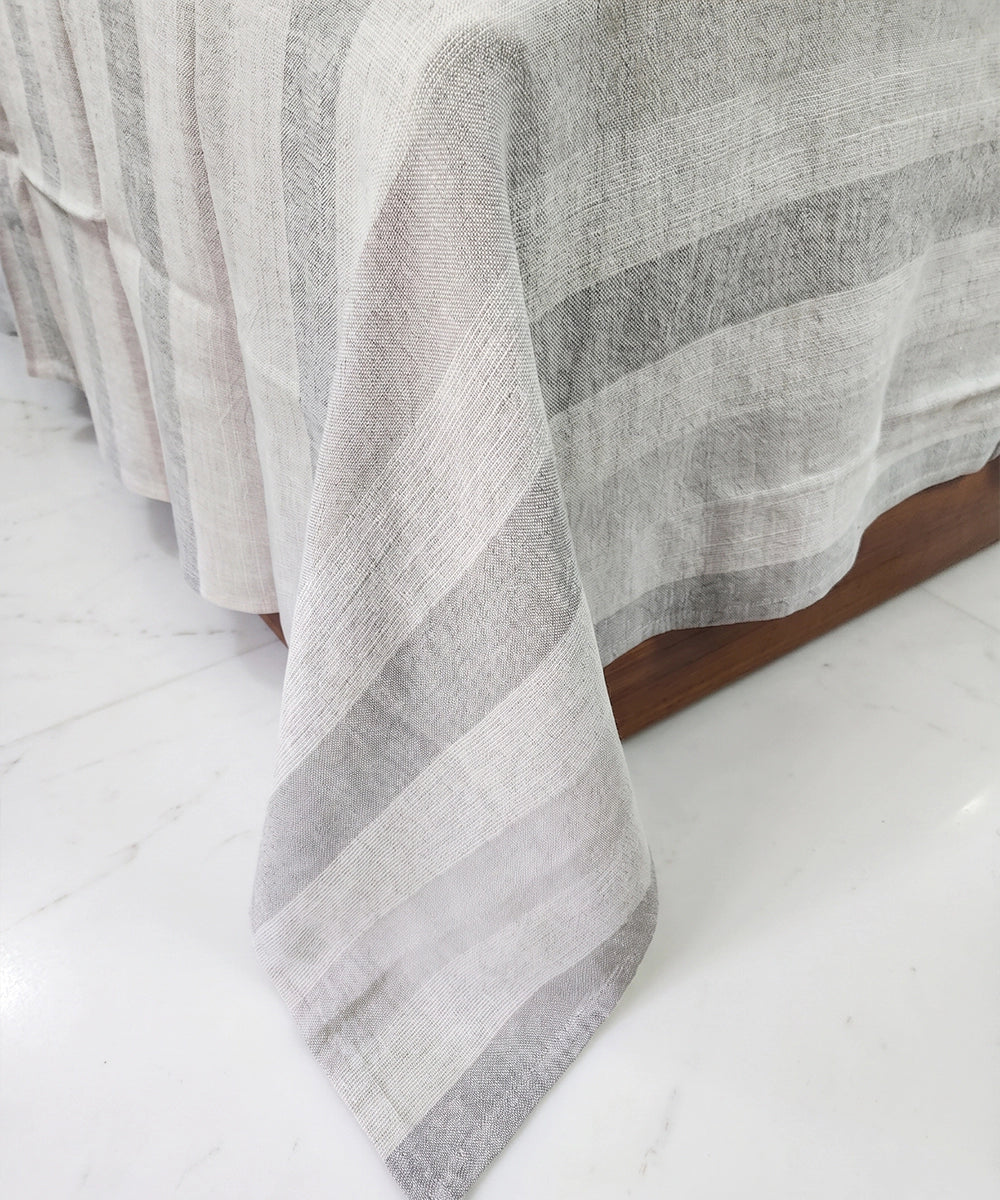 Off White & Grey Stripe Cotton Linen Slub YD King Bedsheet with 2 Pillow Covers