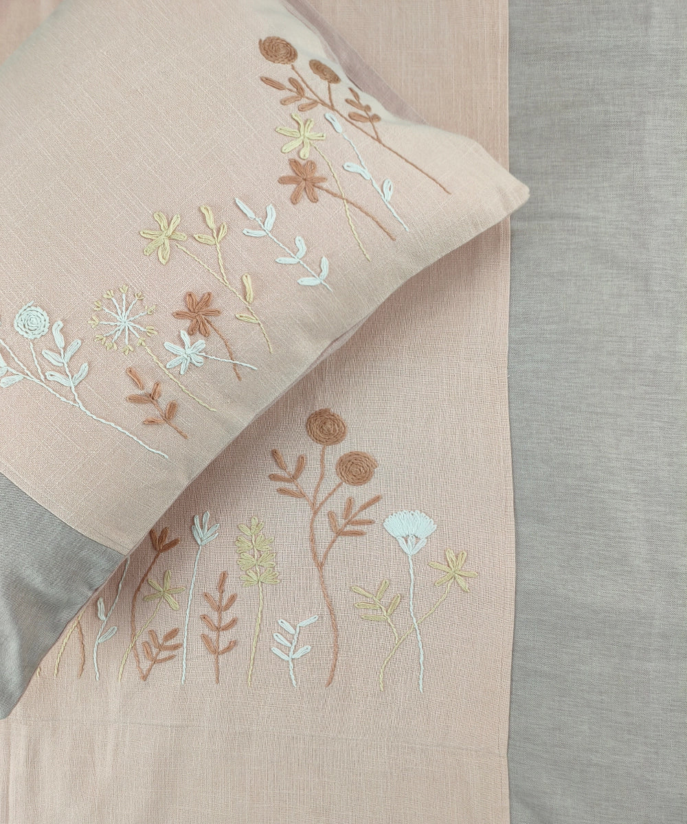Light Coral & Grey Hand Embroidered Cotton King Bedcover Set