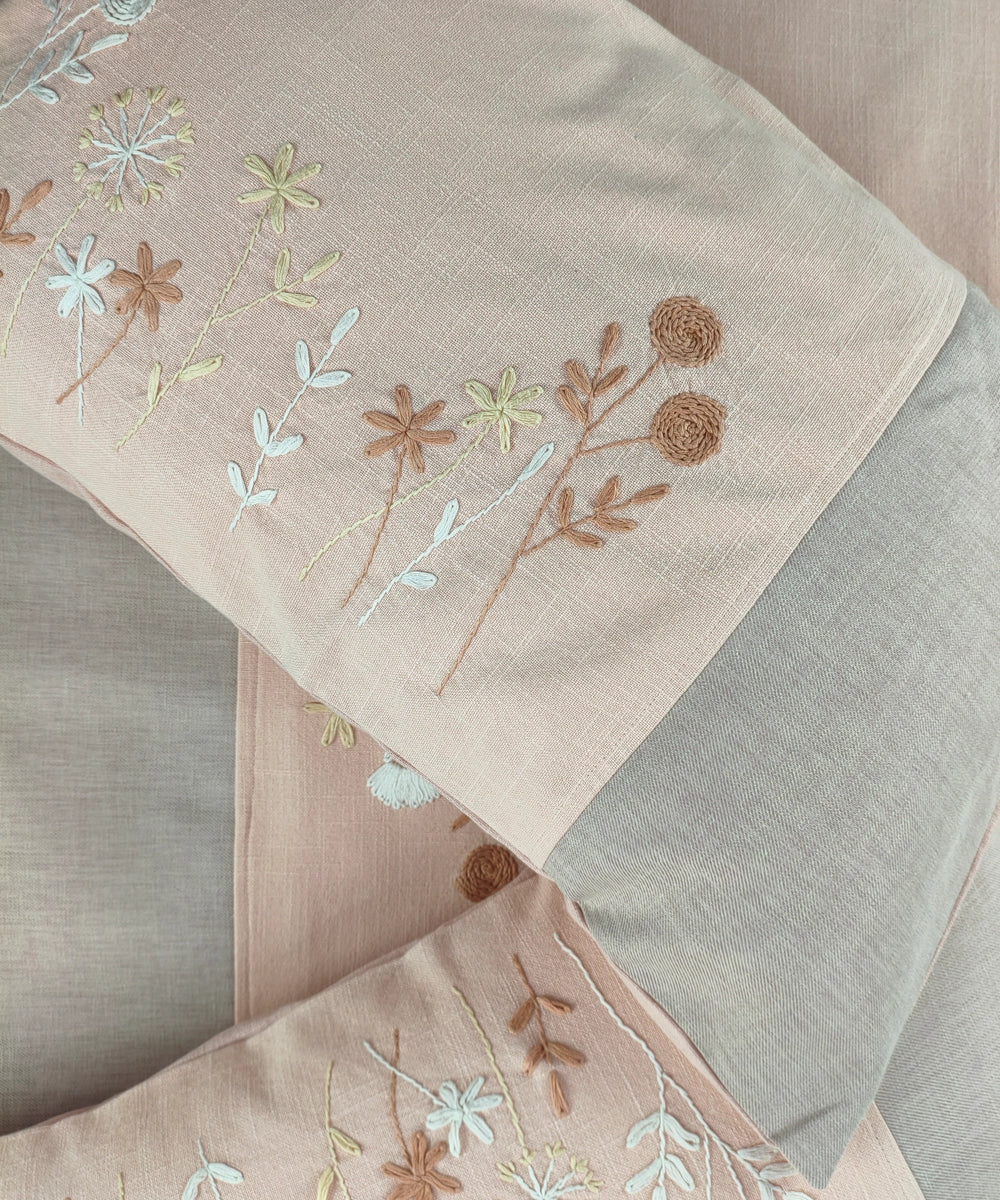 Light Coral & Grey Hand Embroidered Cotton King Bedcover Set