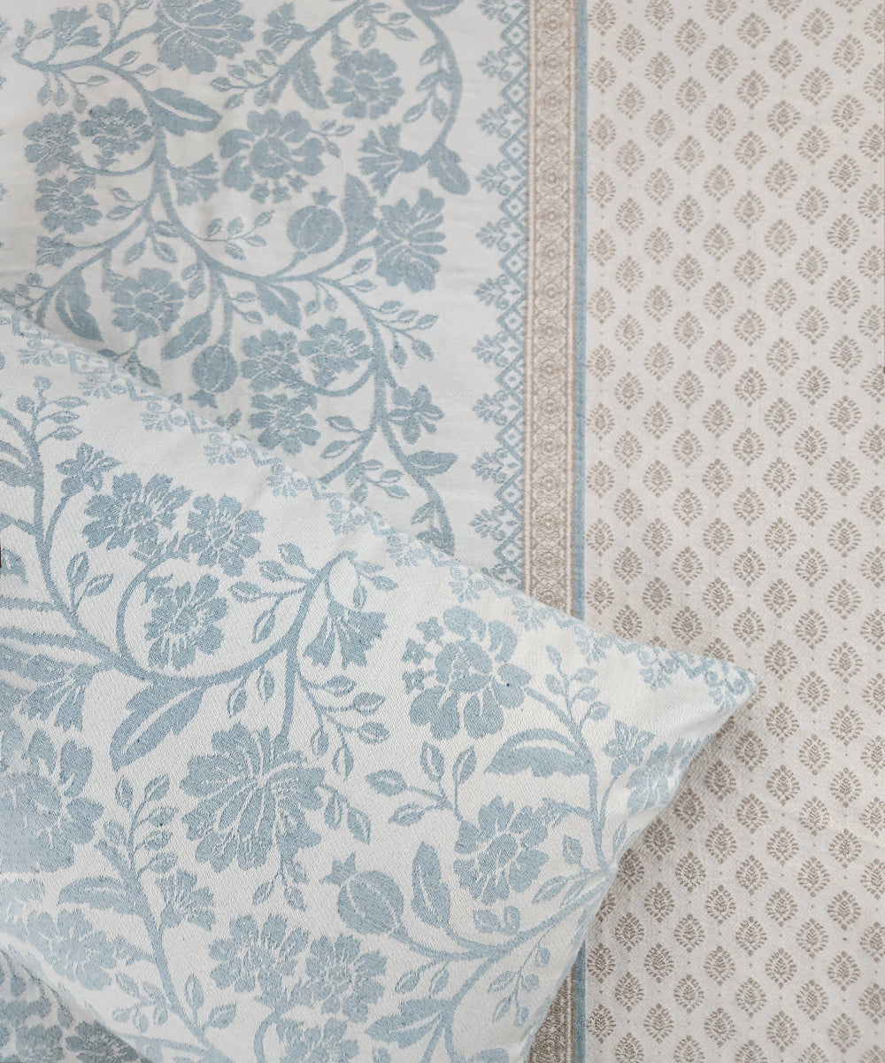 Off White & Light Blue Cotton Jacquard Queen Bedcover with 2 Pillow Covers