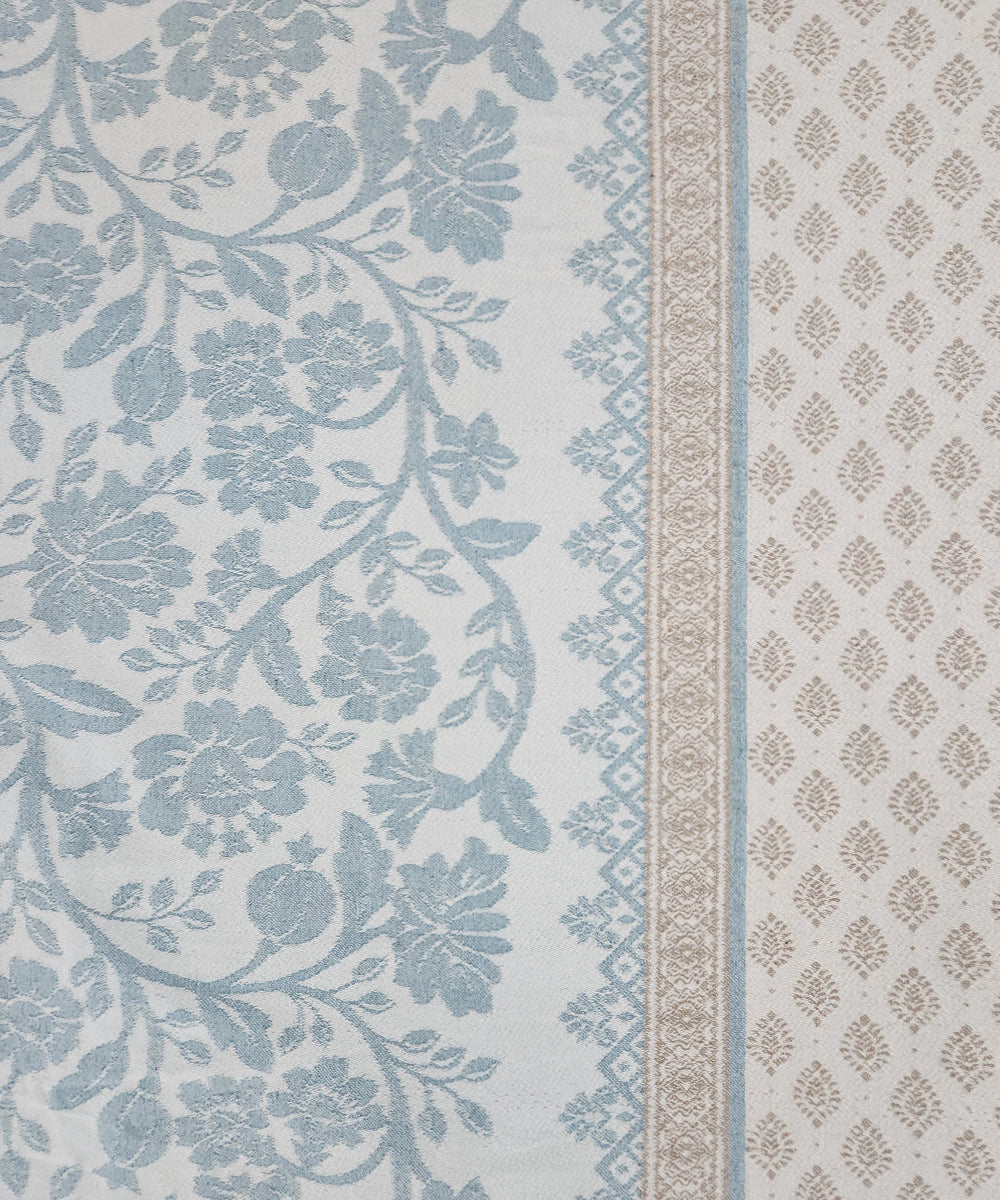 Off White & Light Blue Cotton Jacquard Queen Bedcover with 2 Pillow Covers