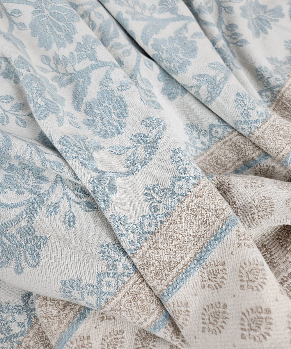 Off White & Light Blue Cotton Jacquard Queen Bedcover with 2 Pillow Covers