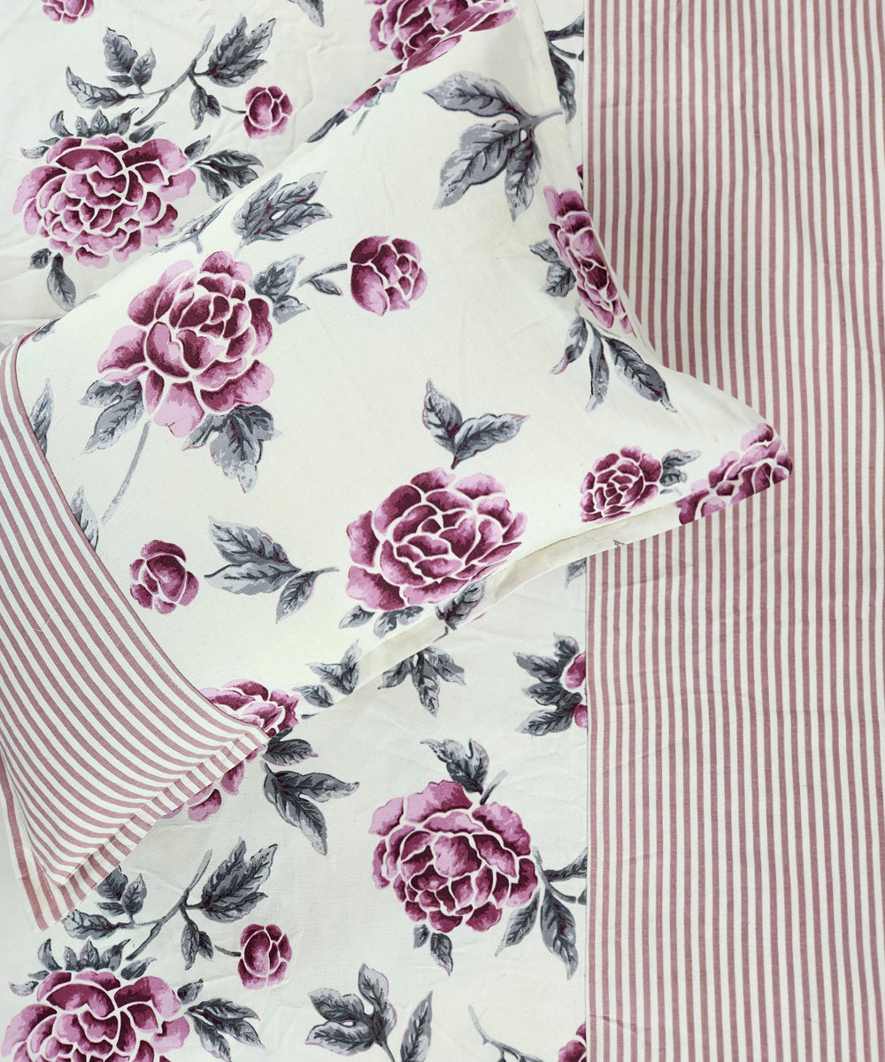 Off White & Maroon Printed & Stripes Cotton Bedcover with 2 Pillow Covers