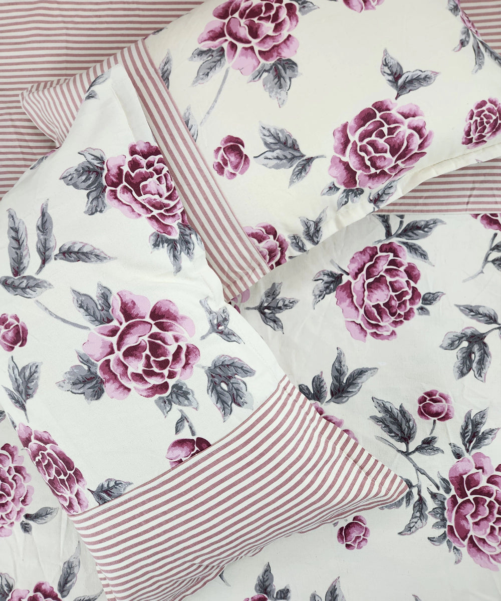 Off White & Maroon Printed & Stripes Cotton Bedcover with 2 Pillow Covers