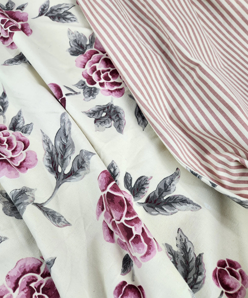 Off White & Maroon Printed & Stripes Cotton Bedcover with 2 Pillow Covers