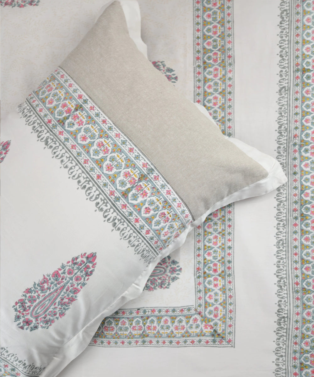 Light Nude Paisley Cotton Satin Block Printed King Bed Sheet With 2 Pillow Cover