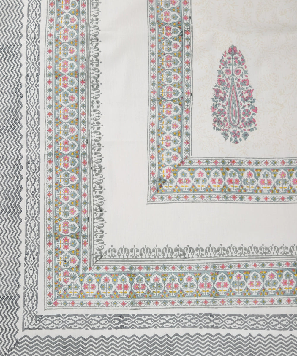 Light Nude Paisley Cotton Satin Block Printed King Bed Sheet With 2 Pillow Cover