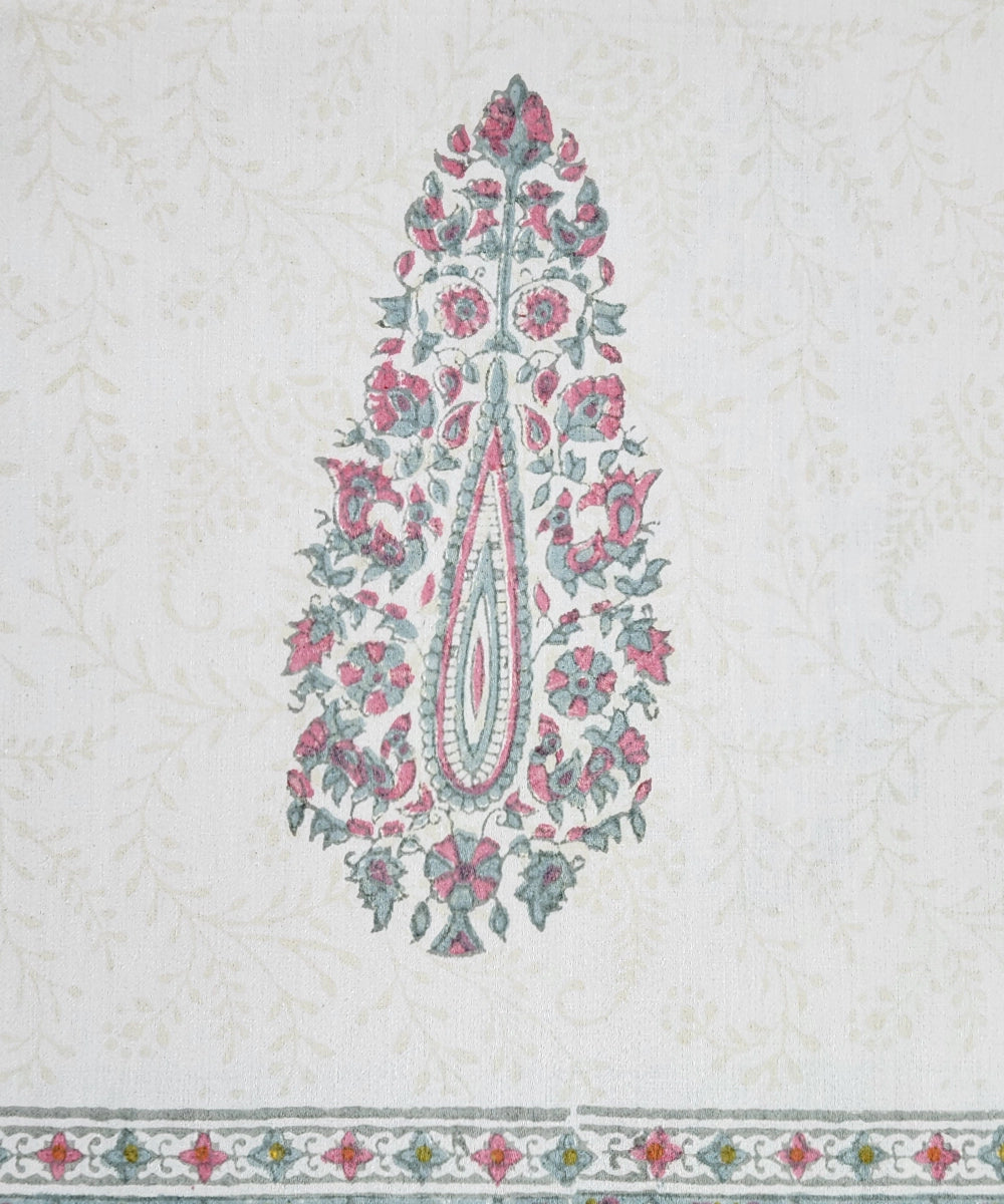 Light Nude Paisley Cotton Satin Block Printed King Bed Sheet With 2 Pillow Cover