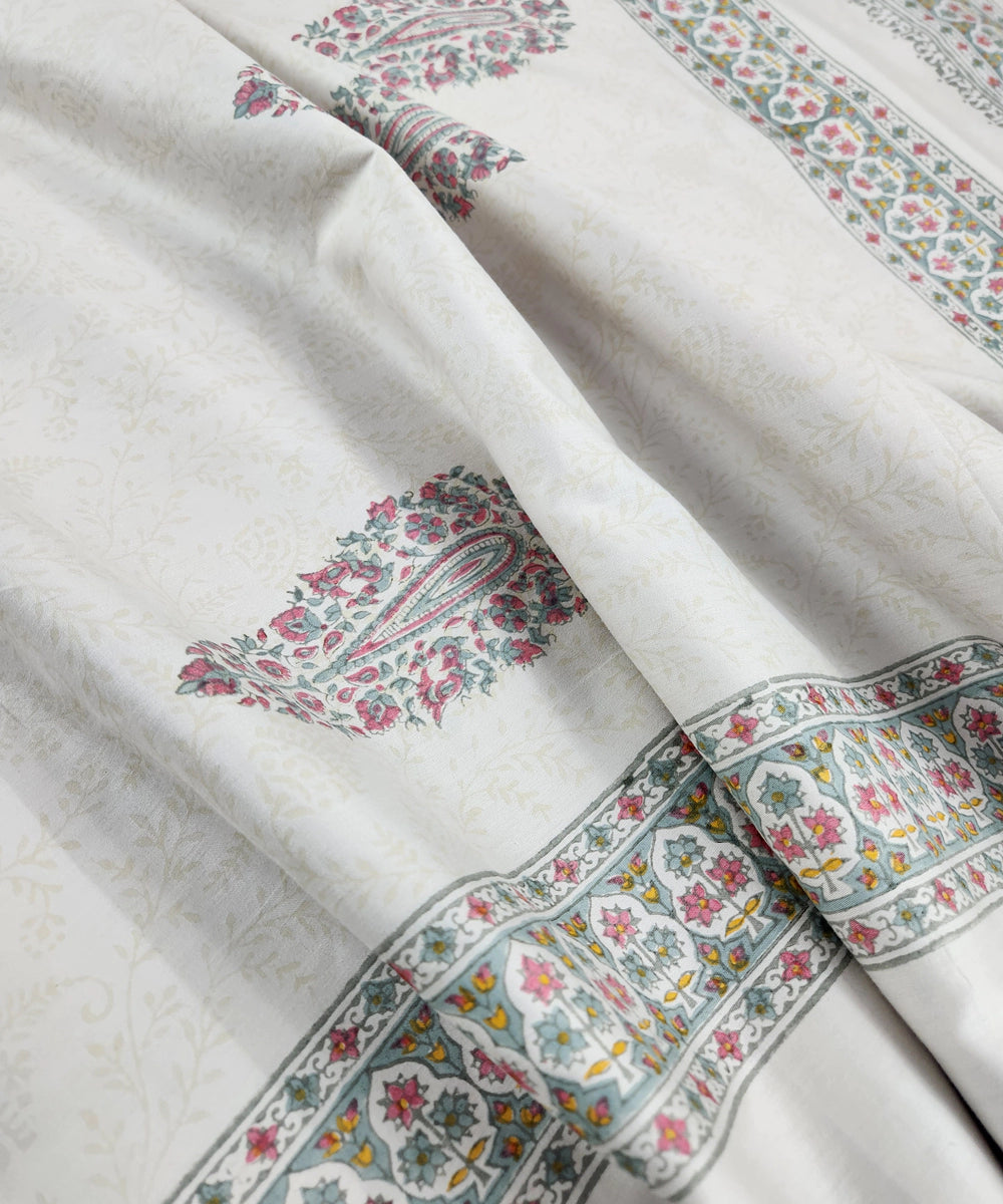 Light Nude Paisley Cotton Satin Block Printed King Bed Sheet With 2 Pillow Cover