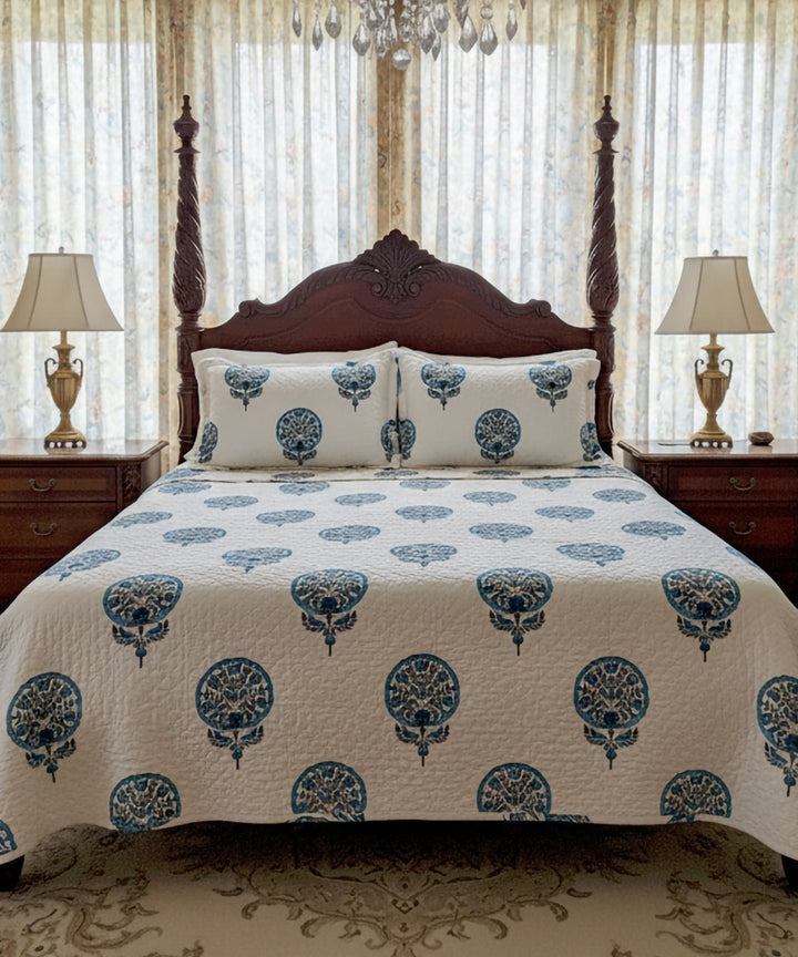 Off White with Blue Block Printed Matelassé Jacquard Cotton King Bedcover with 2 pillow covers
