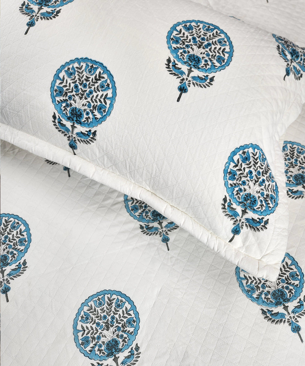 Off White with Blue Block Printed Matelassé Jacquard Cotton King Bedcover with 2 pillow covers