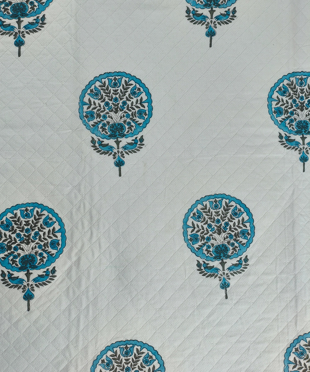 Off White with Blue Block Printed Matelassé Jacquard Cotton King Bedcover with 2 pillow covers
