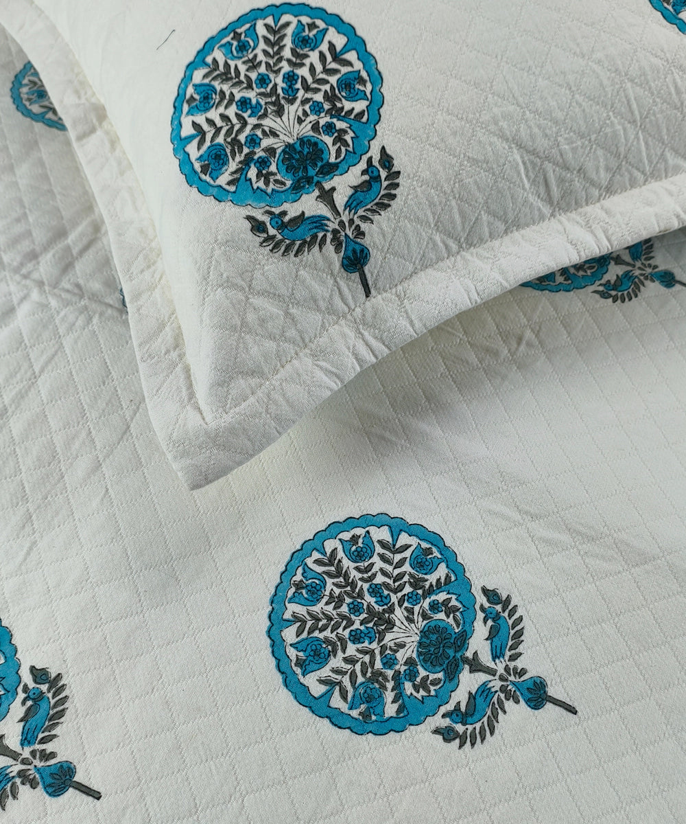 Off White with Blue Block Printed Matelassé Jacquard Cotton King Bedcover with 2 pillow covers