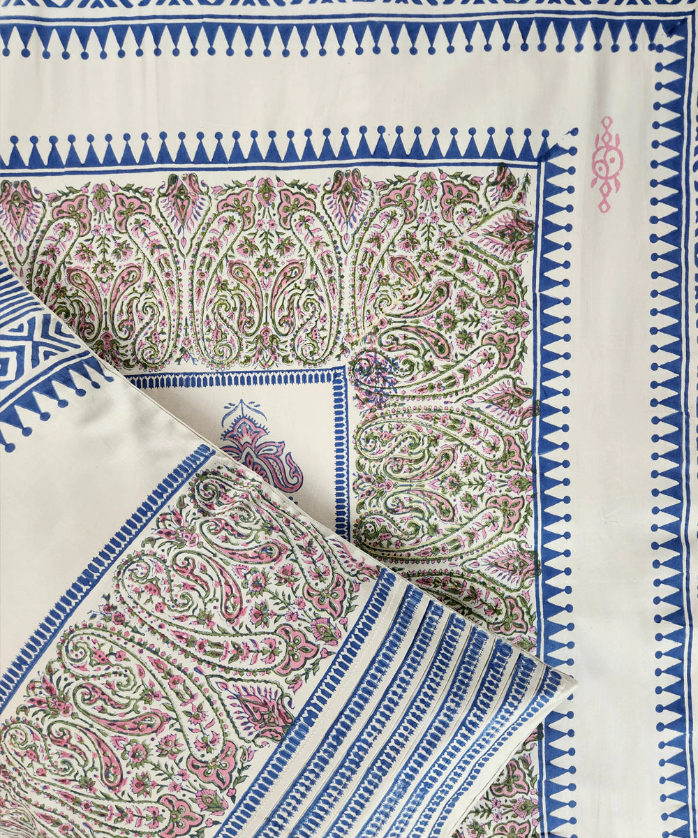 Light Beige Paisley Cotton Satin Block Printed King Bed Sheet With 2 Pillow Cover
