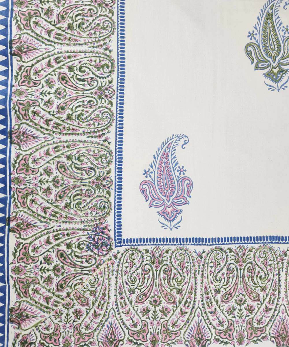 Light Beige Paisley Cotton Satin Block Printed King Bed Sheet With 2 Pillow Cover