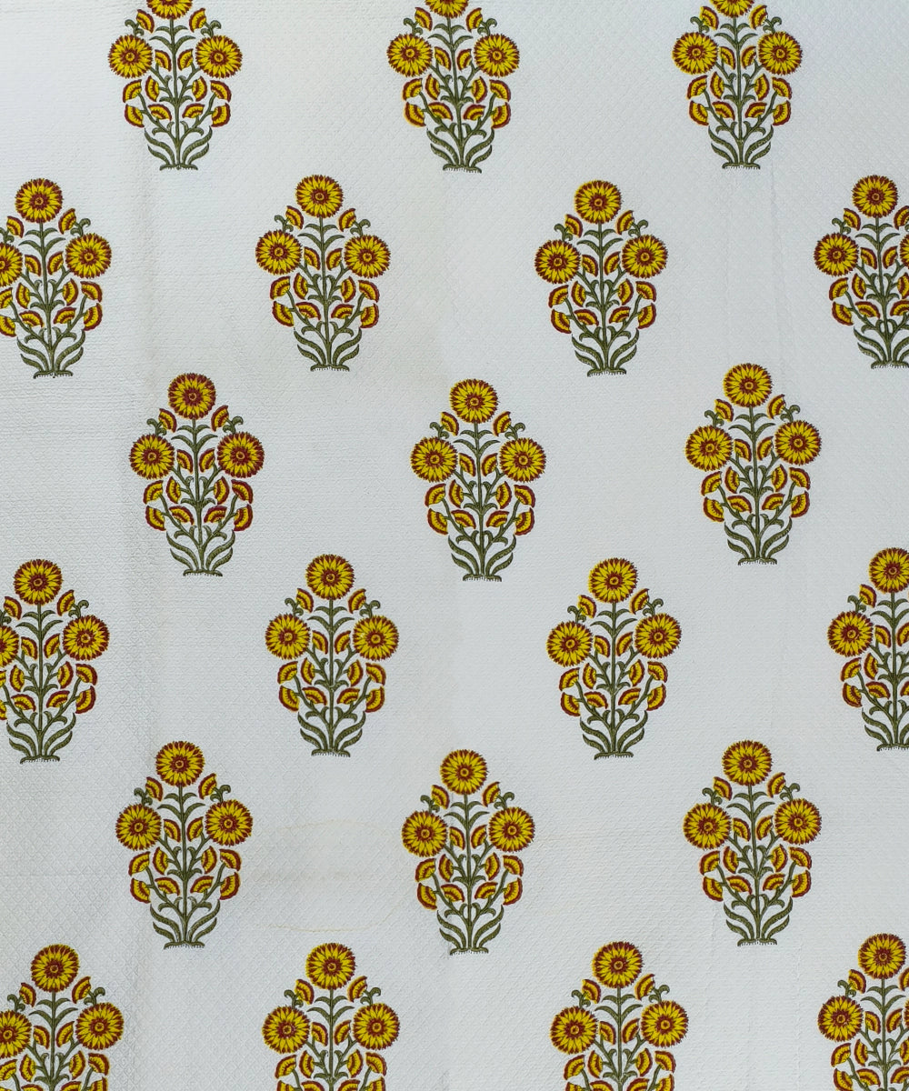 Off White with Yellow Floral Block Printed Matelassé Jacquard Cotton King Bedcover with 2 pillow covers
