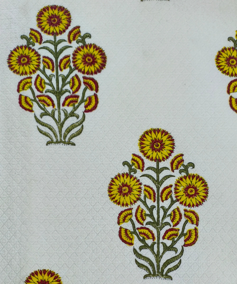 Off White with Yellow Floral Block Printed Matelassé Jacquard Cotton King Bedcover with 2 pillow covers
