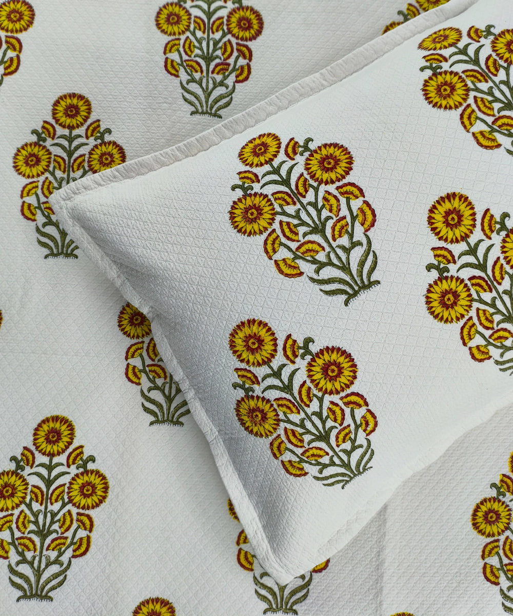 Off White with Yellow Floral Block Printed Matelassé Jacquard Cotton King Bedcover with 2 pillow covers